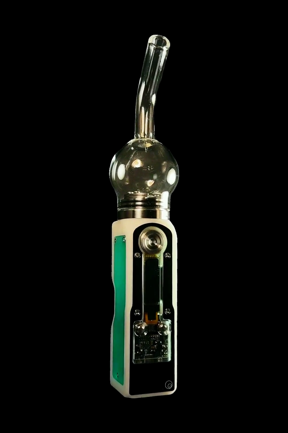 The clear window on the device body showing the coil and circuit board inside