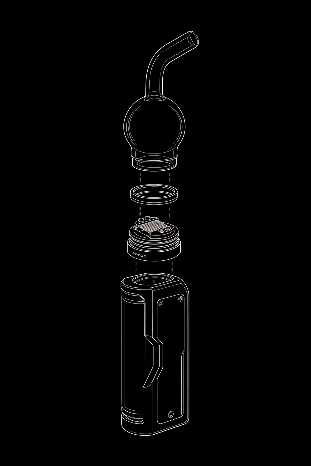 Exploded line illustration: glass top with mouthpiece, vent ring, RDA, and mod