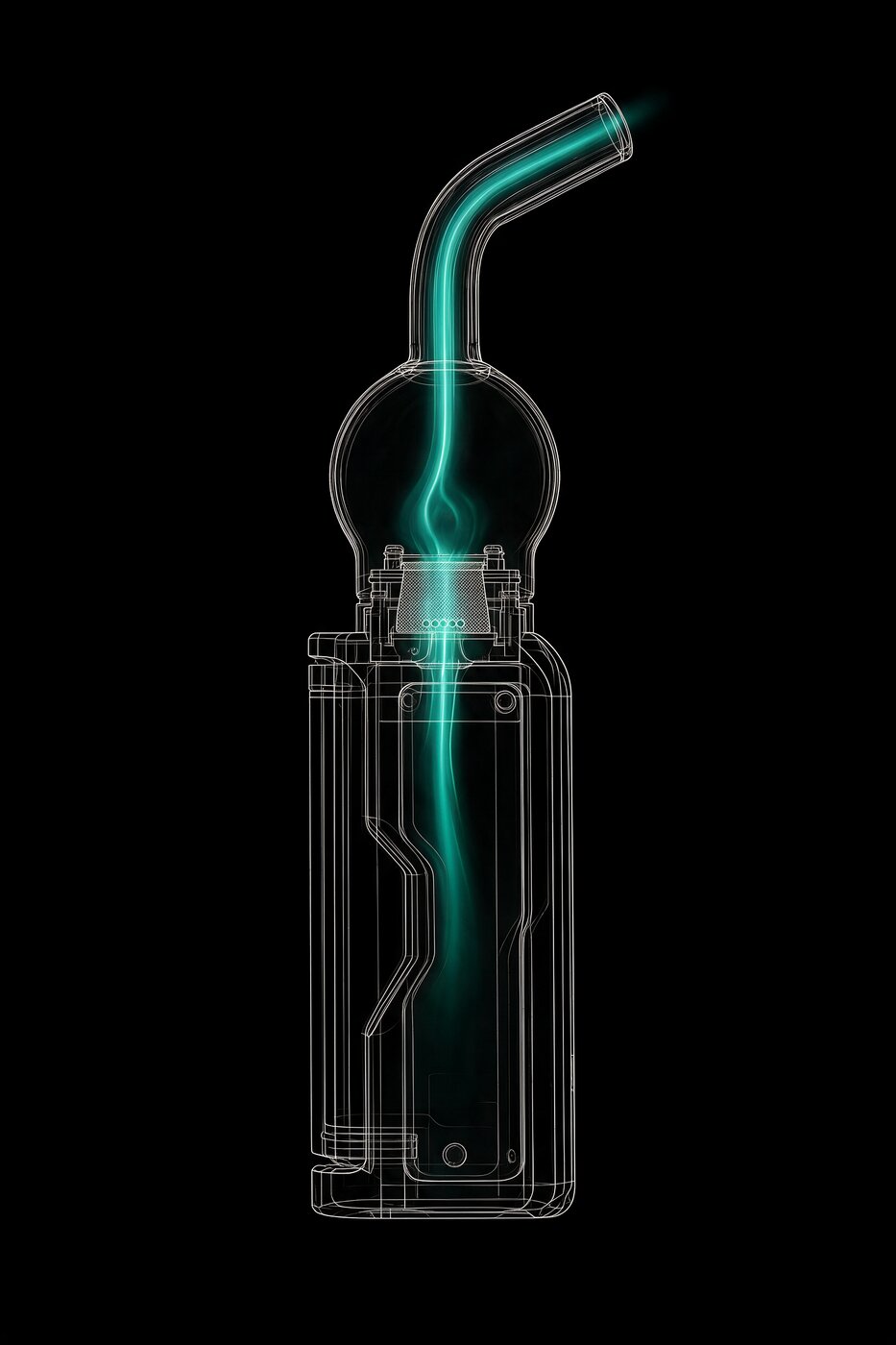 Wireframe of the full build with the air path glowing from the RDA intake holes to the mouthpiece