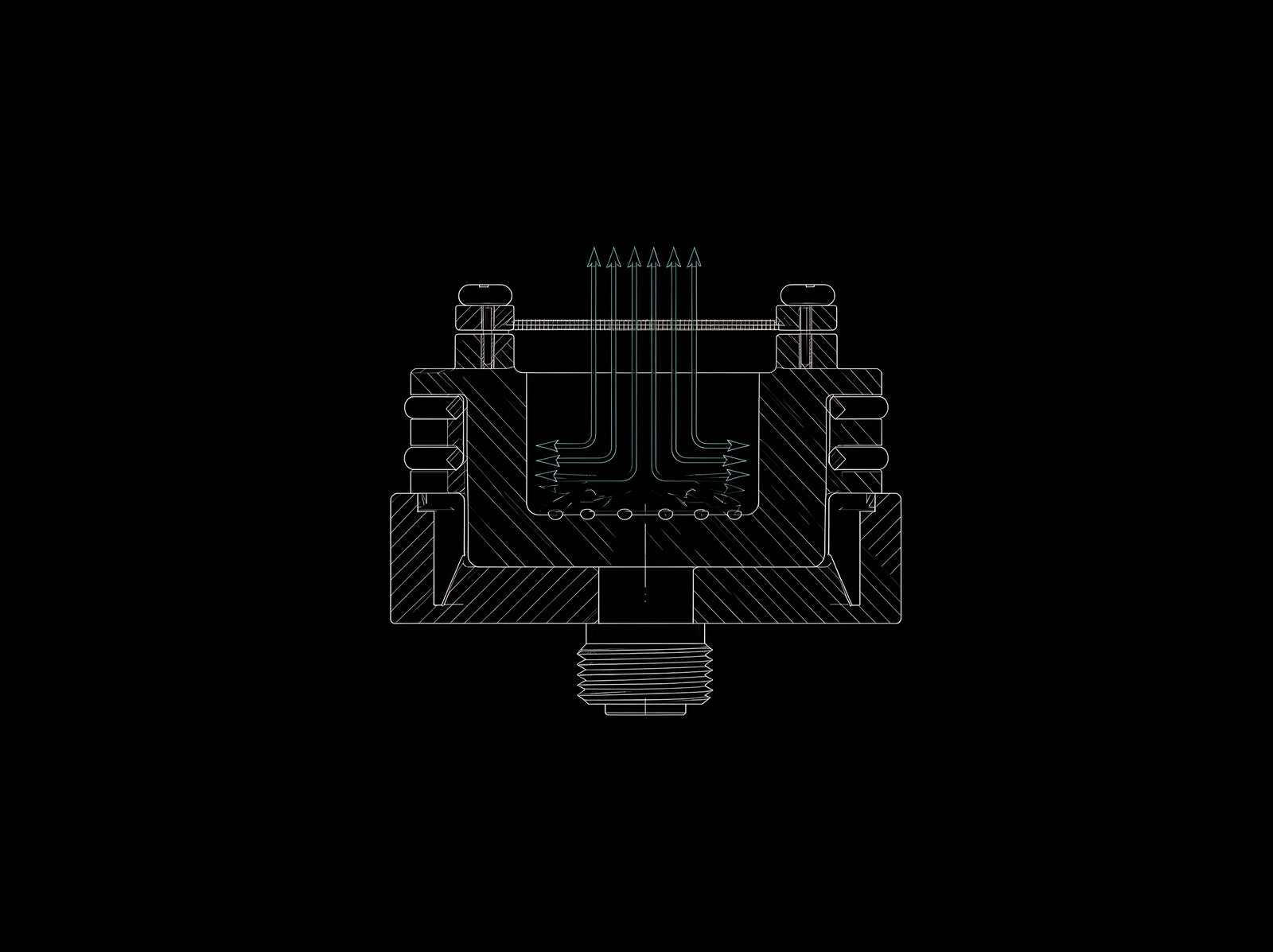 Patent-style cutaway of the RDA: intake holes in the deck wall beneath the screen, arrows rising through the mesh