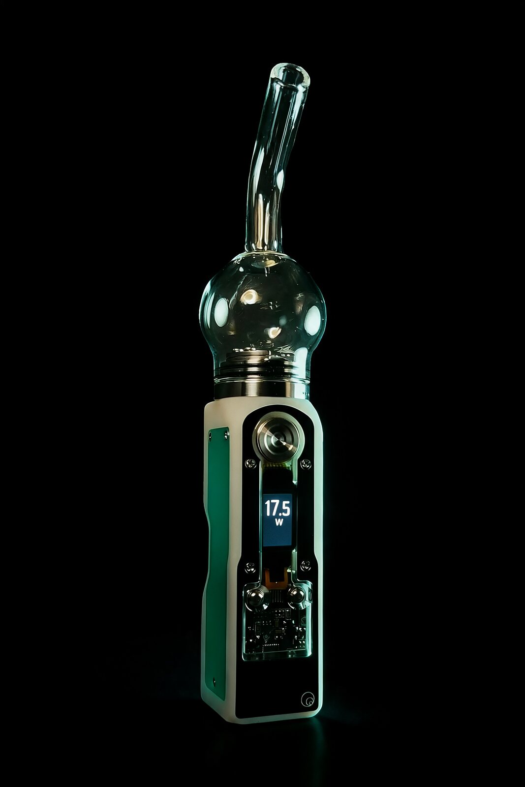 The device in a dark room with the OLED display lit