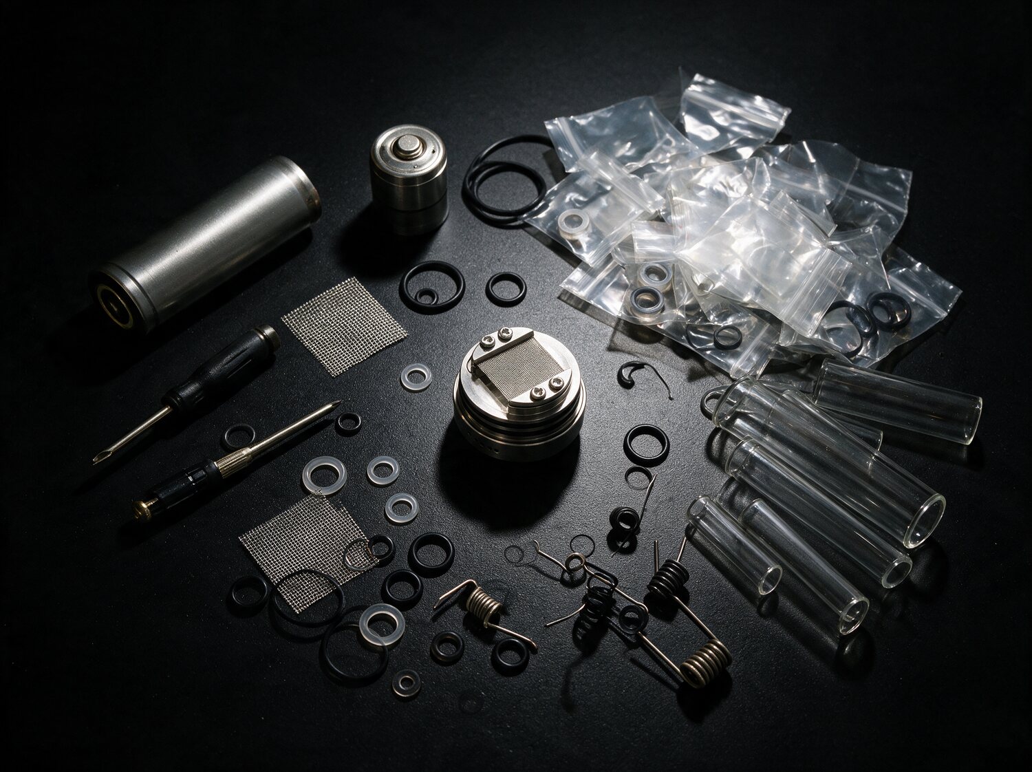 A scattered pile of mismatched DIY vaporizer parts from different vendors