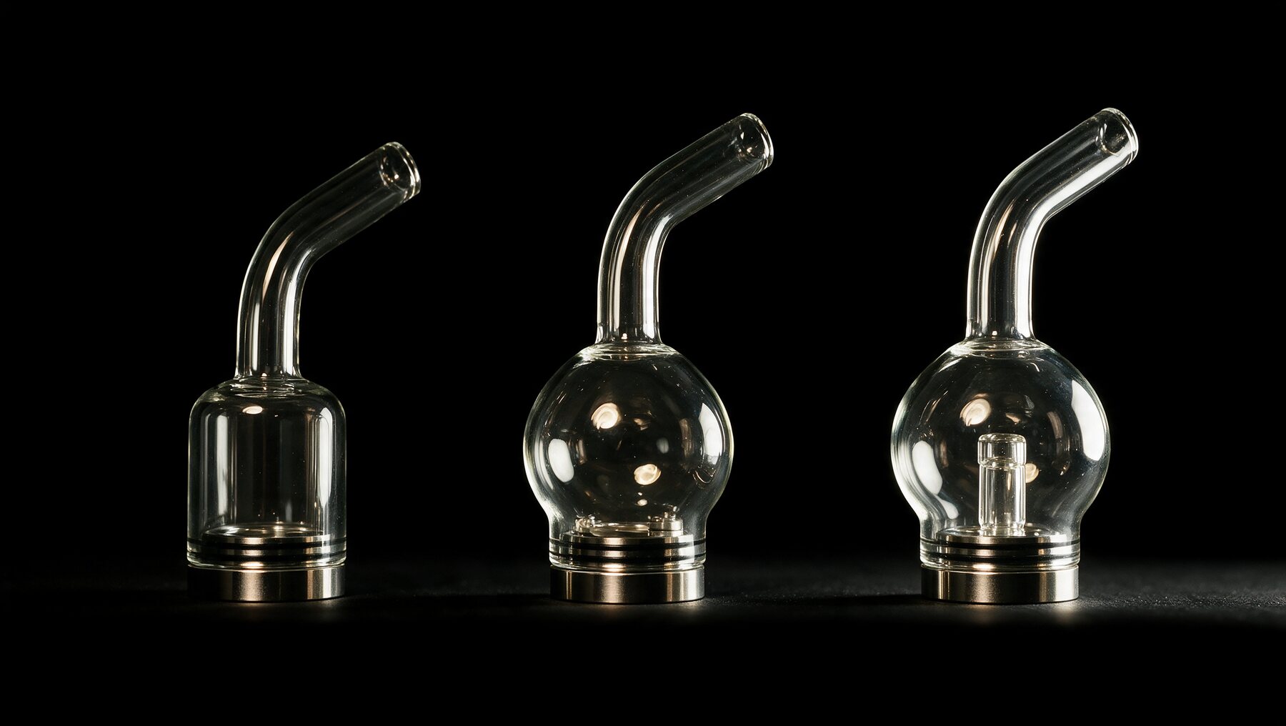 The three glass tops side by side: Cylinder, Bulb, and Percolator