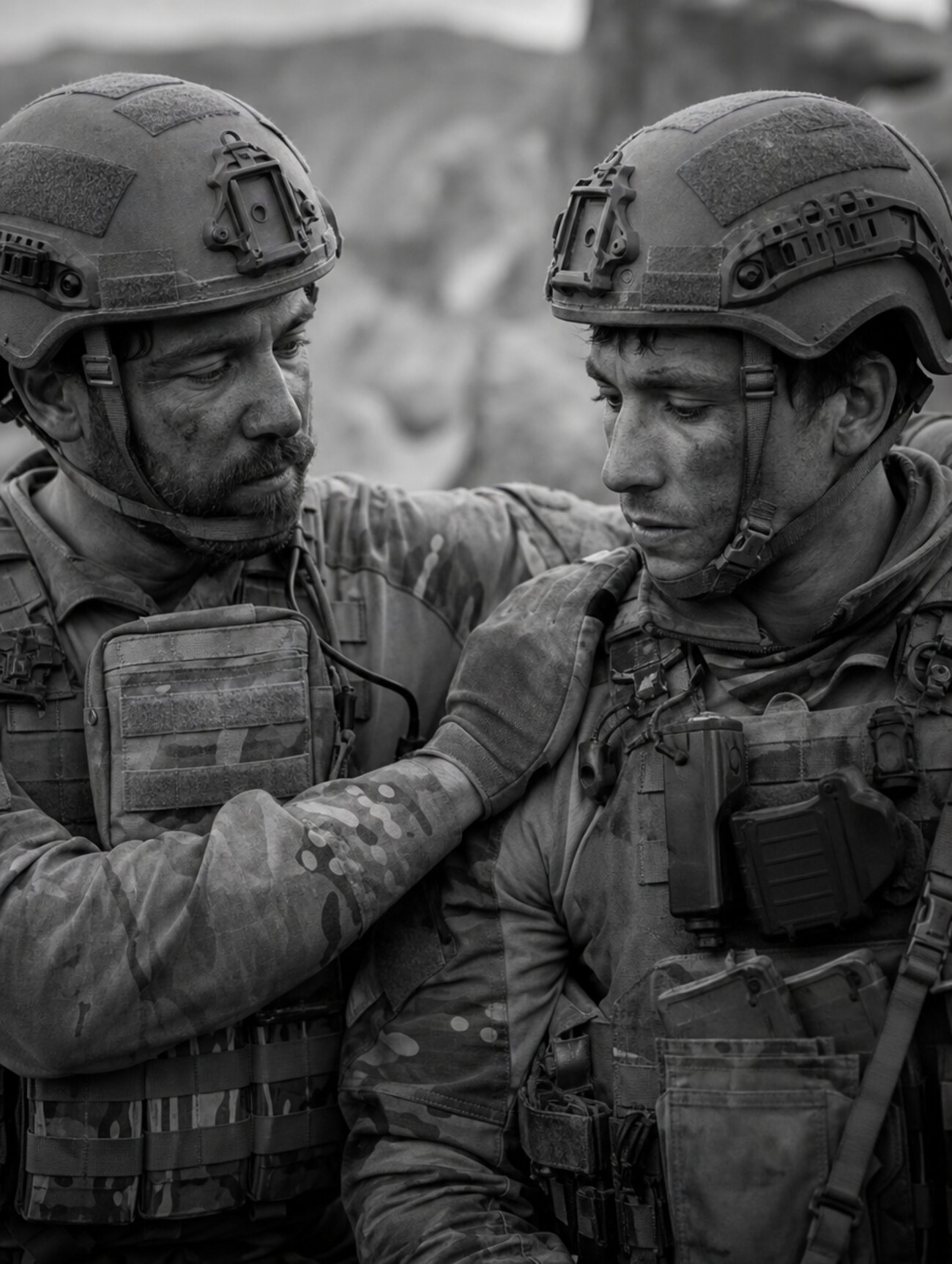 Two present-day veterans in combat helmets, one hand on the other's shoulder, black and white